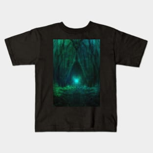 Special processing. Trail to the dark forest, where monster live. There light there. Aquamarine. Kids T-Shirt